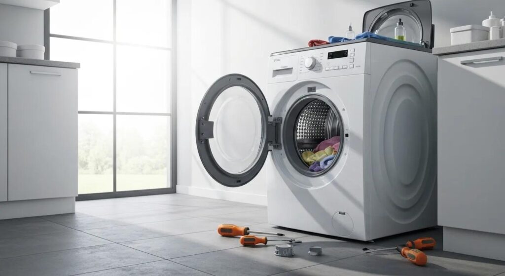 Bright laundry room with a modern washing machine and clothes inside — focused on washer repair and maintenance