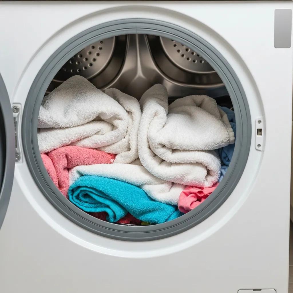 Washer drum with a lopsided load showing how uneven laundry can stop the spin cycle