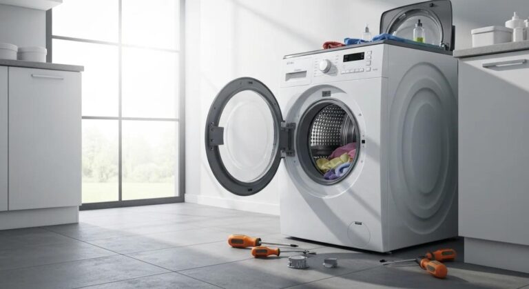 Washing machine prepared for professional washer repair service with tools nearby