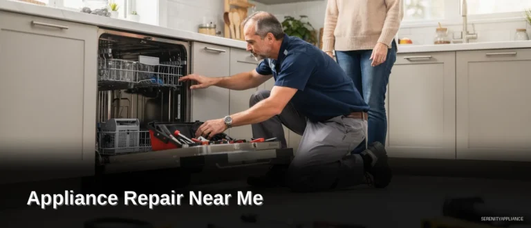 Professional technician performing dishwasher repair as part of appliance repair service near me