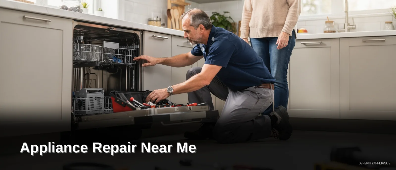 Professional technician performing dishwasher repair as part of appliance repair service near me