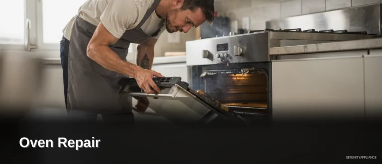 Oven repair technician inspecting a damaged residential oven in a modern kitchen
