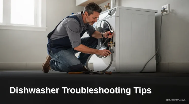 Appliance repair technician inspecting a front-loading washing machine in a laundry room