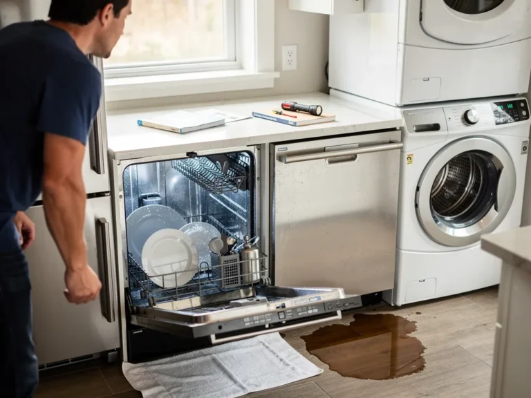 Leaking dishwasher with water pooling on the kitchen floor during a dishwasher repair inspection