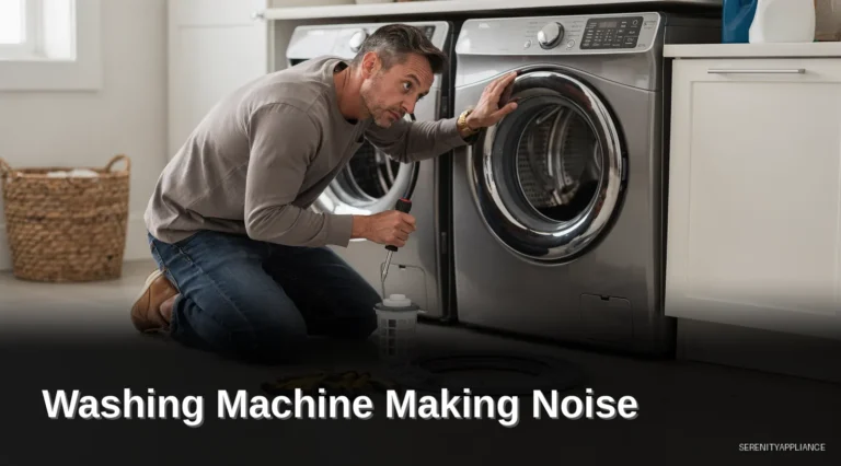Homeowner inspecting a washing machine making unusual noise in a laundry room
