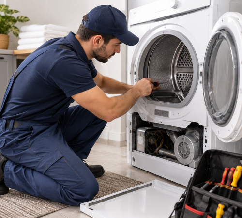 Dryer repair technician servicing an open front-loading dryer in a residential laundry room