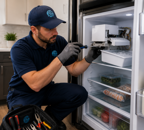 Technician repairing a refrigerator ice maker in a modern kitchen