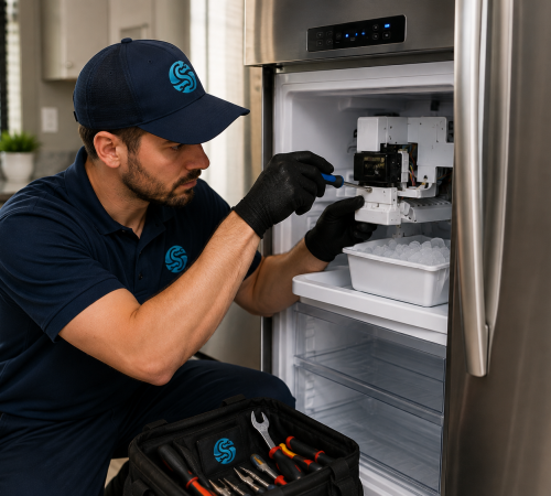 Technician repairing a refrigerator ice maker (3)