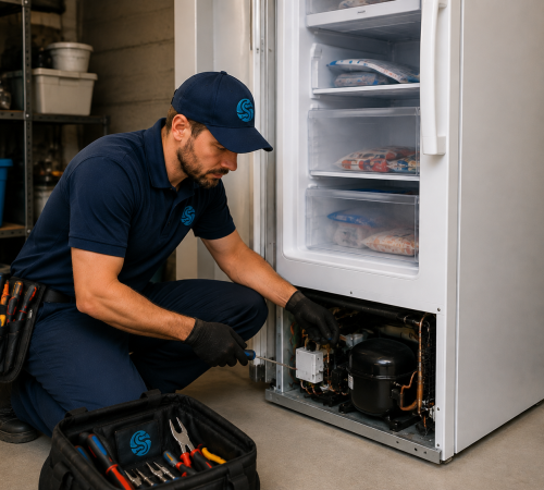 Appliance technician servicing a standalone upright freezer with the rear access panel open