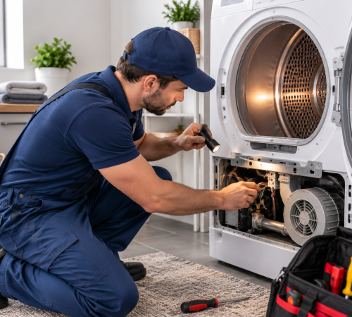 Dryer repair technician inspecting internal components of an open front-loading dryer