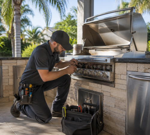 Technician performing outdoor grill repair service for a residential kitchen appliance
