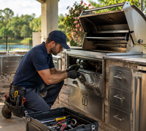 Technician performing outdoor grill repair service on a built-in gas grill appliance