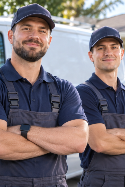 Professional appliance repair technicians standing with a service vehicle ready for home appliance repairs